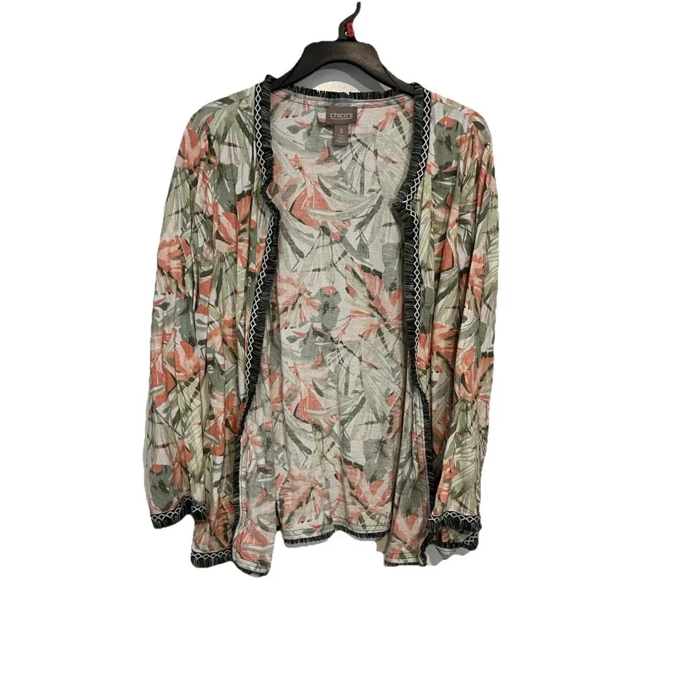 Chicos Havana Fringe Trim Linen Blend Jacket Tropical Floral Size 3 Womens XL - Picture 10 of 10